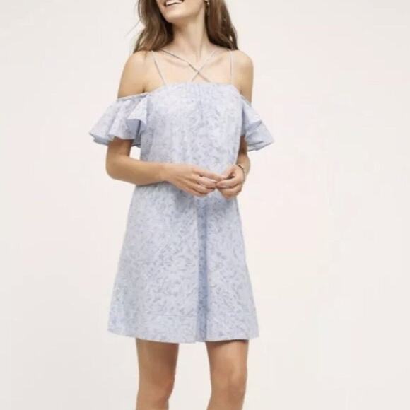 Anthropologie HD Paris Dayflower Mini Dress Off Shoulder Blue White - Picture 1 of 12